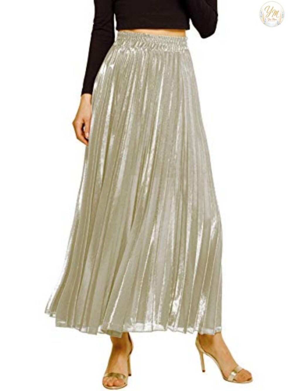 Metallic Shiny Shimmer Accordion Pleated Long Maxi Skirt